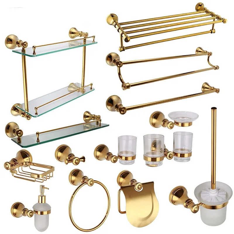 

Luxury gold 14-Piece Bathroom Hardware Accessory Set shelf towel rack bar towel ring paper holder Robe hook Toilet brush holder