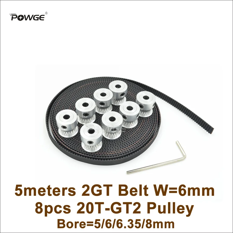 

POWGE 8pcs 20 Teeth GT2 Timing Pulley Bore 5/6/6.35/8mm + 5M GT2 Timing Belt Width 6mm 20Teeth 20T 2GT Pulley 3D Printer Parts