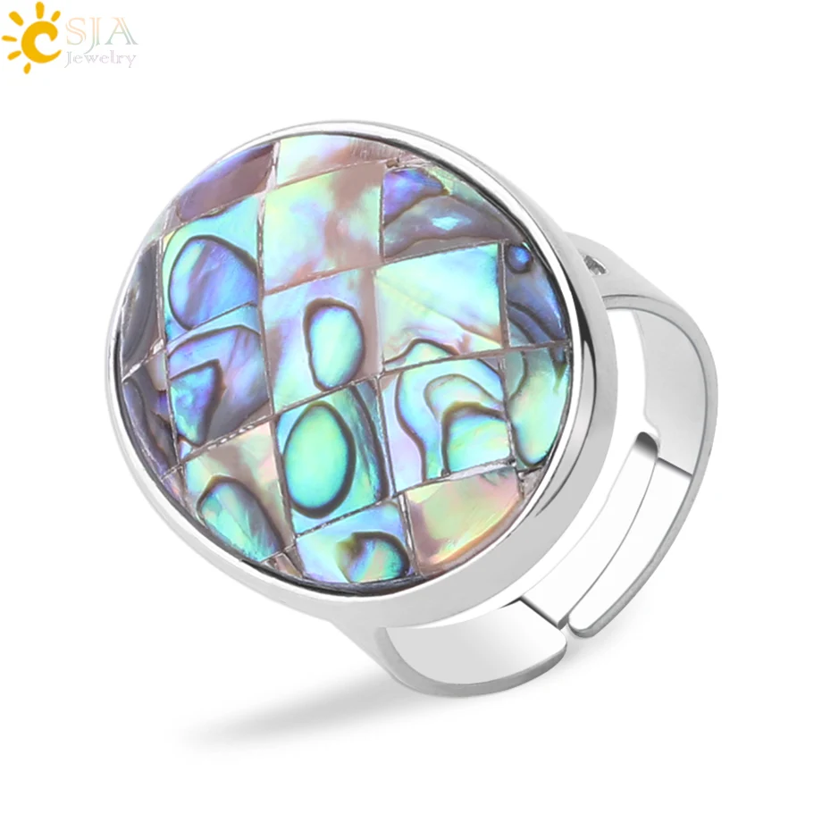 CSJA Natural Paua Shell Finger Rings Men Girl Mother of Pearl Abalone Shell Colorful Yellow Silver Color White Wedding Band F853