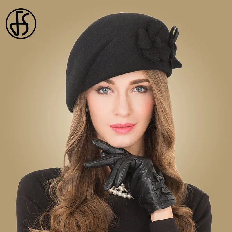 FS Vintage Czarny Francuski Beret 100% Wełniany Kapelusz Dla Kobiet Czerwony Różowy Kwiat Fedora Zimowy Filcowy Damski Kapelusz Kościelny Chepeau Feminino