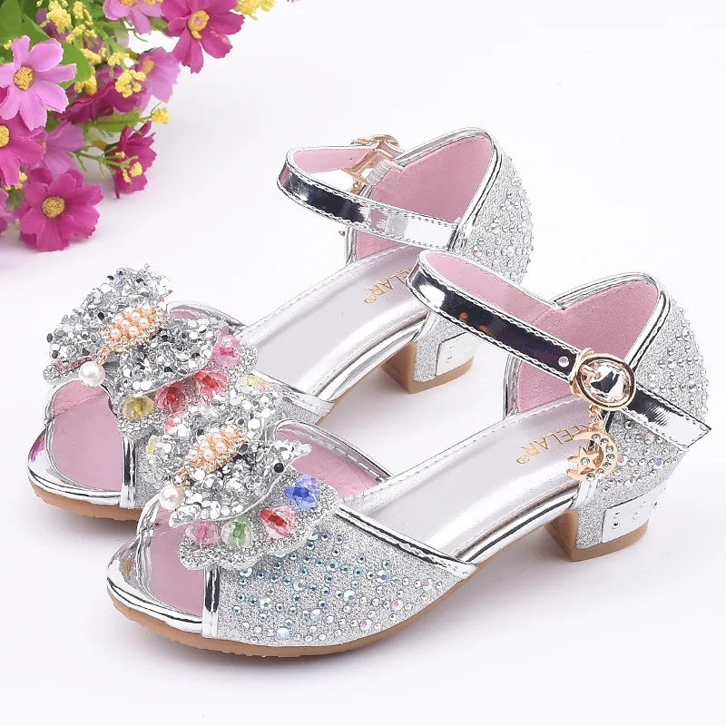 Little Girls Rhinestone Bow High-Heeled Sandals Princess Dancing Summer Pu Leather Shoe Big Girl 3 4 5 6 7 8 9 10 11 12 Year Old