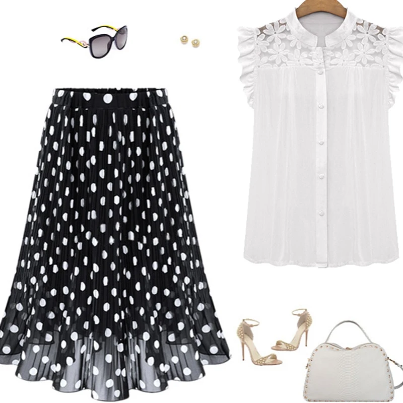 Women\'s Black Dots Chiffon Polka Skirts Vintage Classic Elegant Sweet Female Elastic Waist Pleated Beach A-Line Plus Size Chic