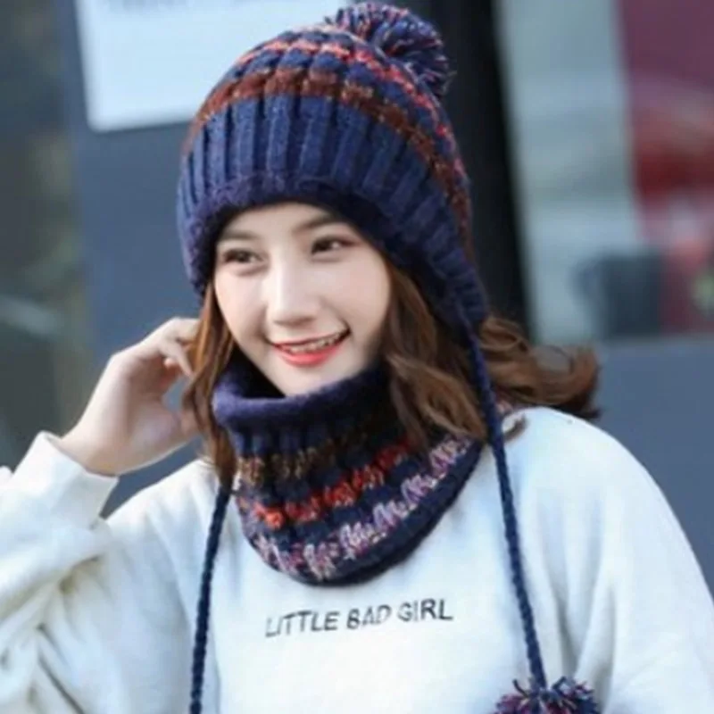 MAERSHEI 2020 winter hat female knit plus velvet thickening wild hair ball cap collar set Korean version of the warm contrast co