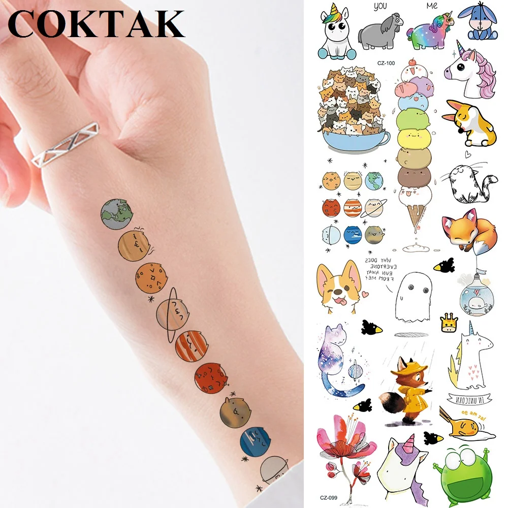 

Funny Cartoon Planets Unicorn Tattoos Temporary For Kids Bulk Star Waterproof Tattoo Sticker Paper Custom Fake Tatoos Galaxy DIY