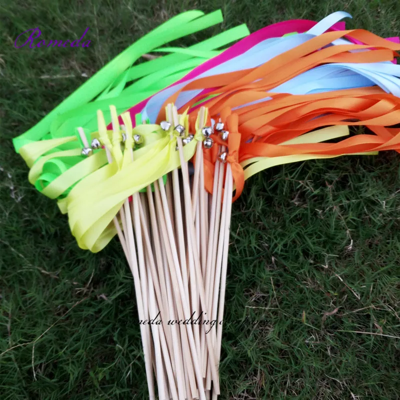 New style 50pcs/lot mixed color various color stain ribbon  wedding stick  Streamers With  big sliver Bells for wedding