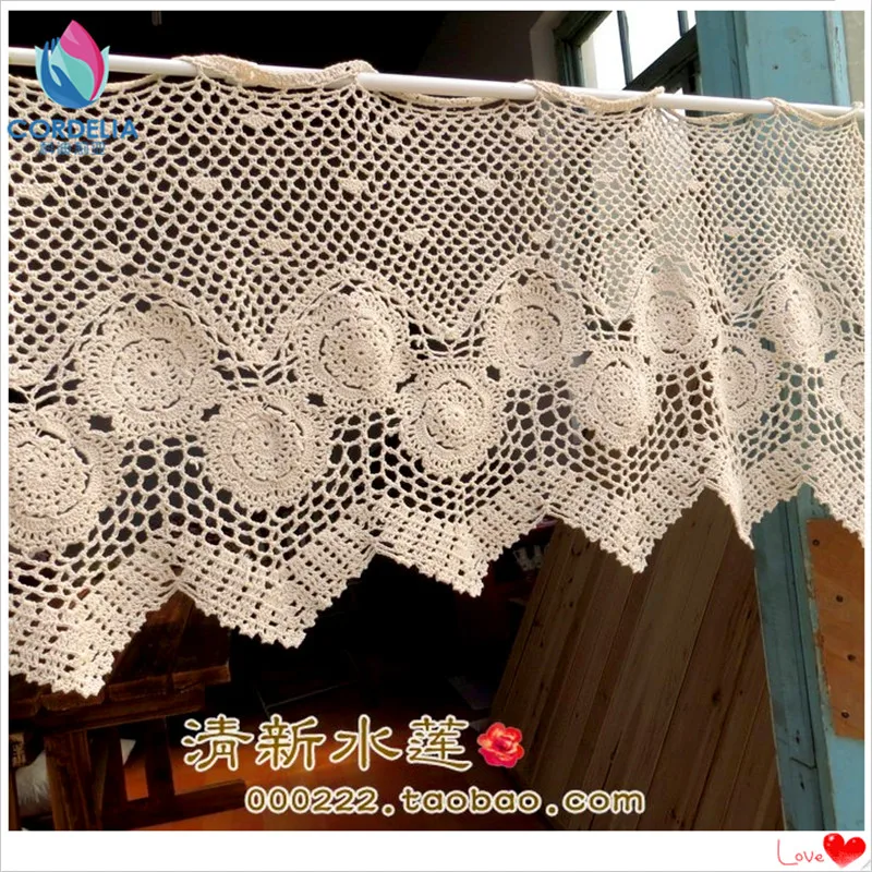 New Fashion Cotton Crochet Lace Curtains Window Cover Crochet Rod Curtain Cutout Coffee Curtain With Flower For Home Decor