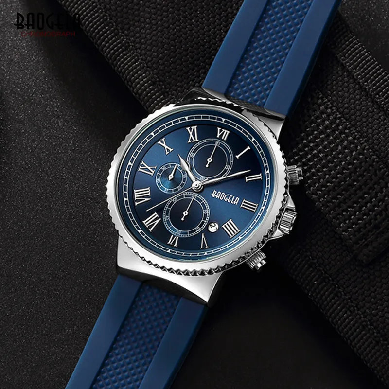 Baogela Chronograph ควอตซ์นาฬิกาสำหรับชายแฟชั่น Casual Man กันน้ำแบบอะนาล็อกนาฬิกาข้อมือส่องสว่างสีฟ้า 1708G-1