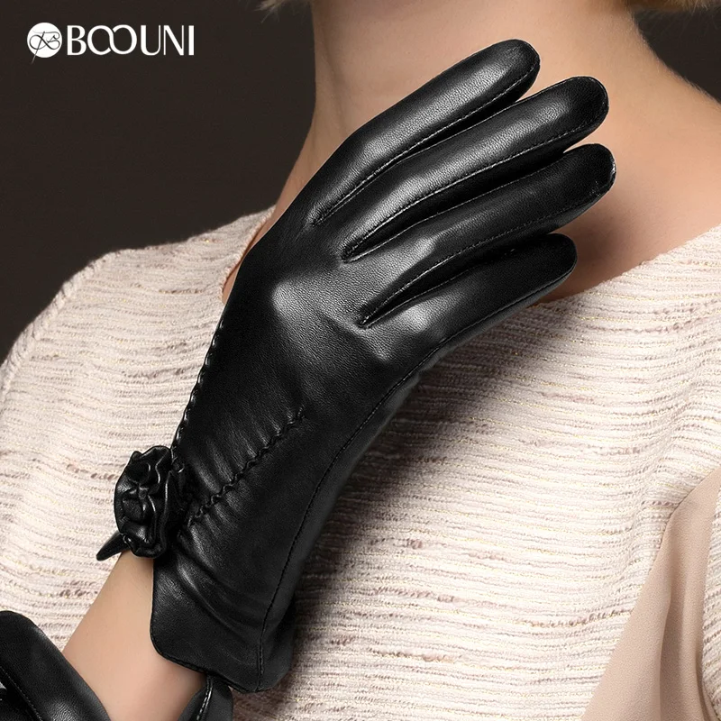 BOOUNI Genuine Leather Gloves Fashion Women  Sheepskin Glove Wrist Rose Black Leather Driving Gloves Hot Trend NW469