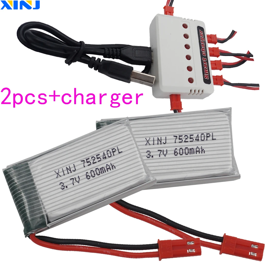 Charger + 2pcs 3.7V 600mAh 2.22Wh 25C Polymer Li Battery 752540 For Syma X5 M68 HJ W609-9 W609-10 RC Quadcopter Helicopter Drone