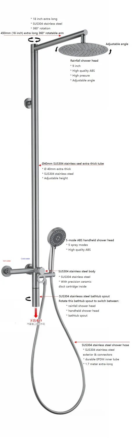 VIBORG Deluxe SUS304 Stainless Steel Wall mounted Rain-style Rainfall Bath Bathtub Shower Faucet Mixer Tap Complete Set Kit 1016