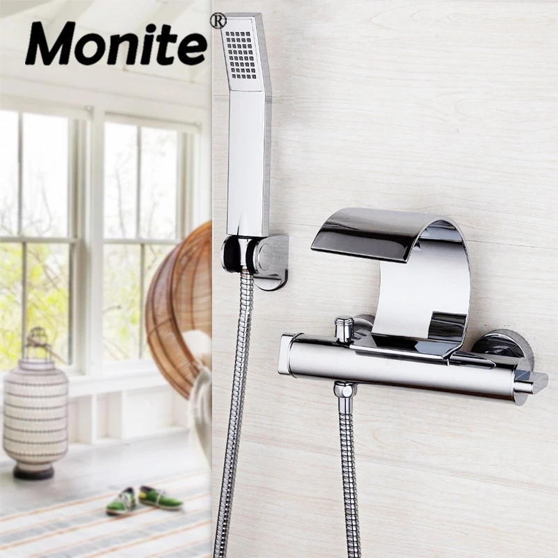 

Bathroom Bathtub Wall Mounted Chrome Polished Solid Brass Waterfall Spout Dual Control hand Sprayer Shower Faucet Sets