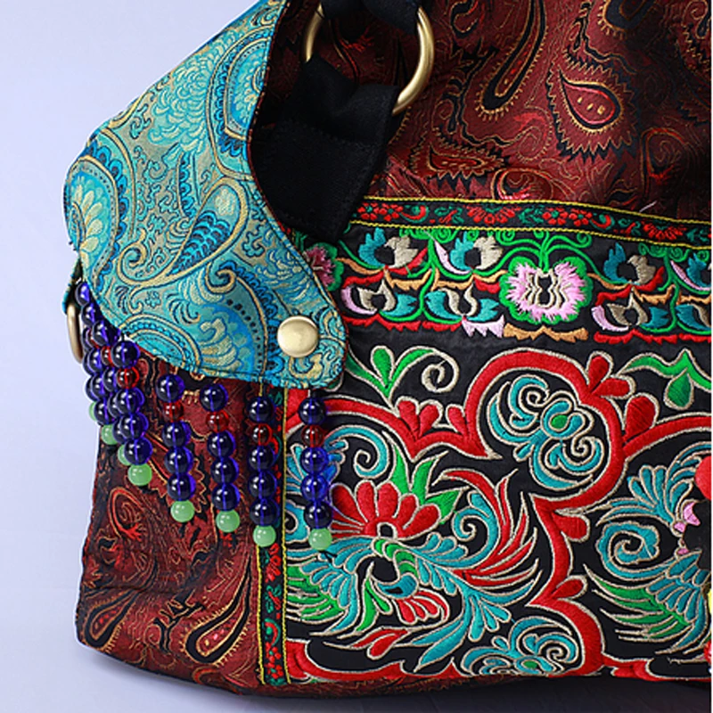 HOT Bohemia Silk brocade double-sided embroidery women handbags Ethnic Vintage handmade Beaded tassel shoulder crossbody bags