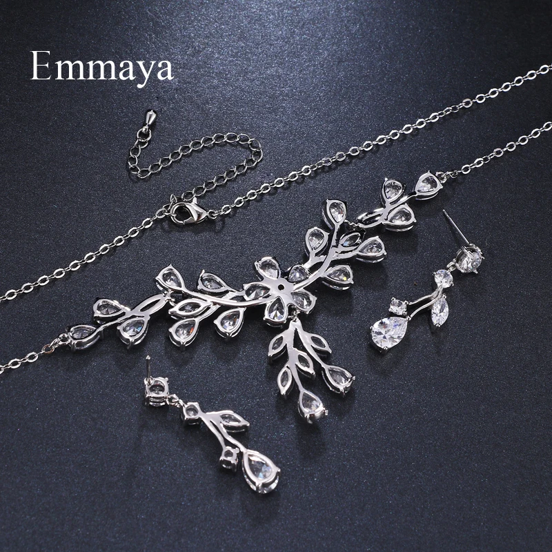 Emmaya Brand Luxury Plant Cubic Zircon Water Drop Pendant Crystal Earrings Necklace Set For Women Popular Bride Jewelry Gift