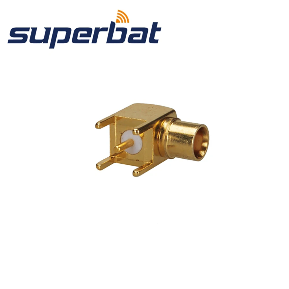 Superbat conector coaxial mcx thru, 10 peças, ângulo reto, montagem pcb com poste de solda, conector de rf