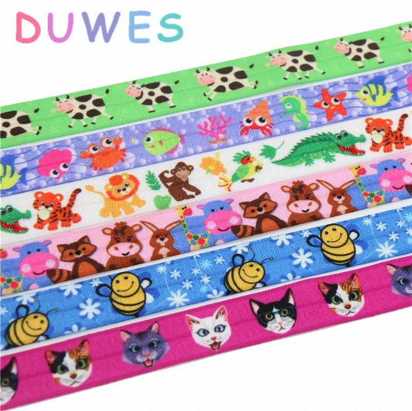 DUWES 50yards forest animal cow sea bee cat printed Fold Elastic FOE stretch ribbon hairbow headwear Wholesale D827