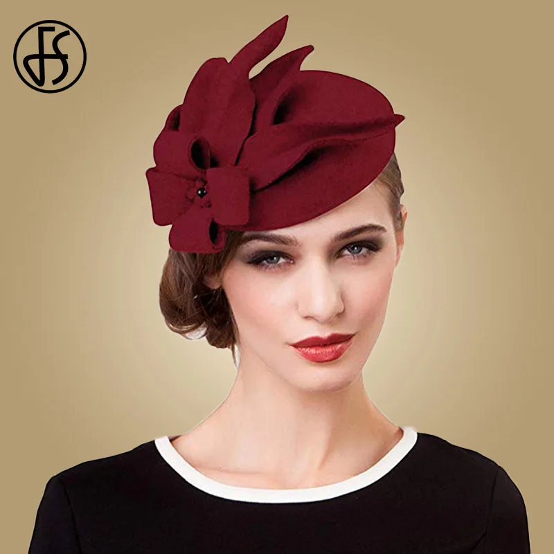 FS Fascinators For Women Elegant Flower Black Pillbox Hat Wool Felt Hats Vintage Wedding Dress Fedoras Church Ladies Formal Caps