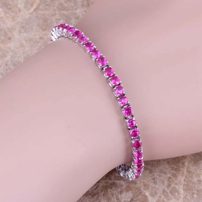 Elegant Red Cubic Zirconia Silver Plated Link Chain Bracelet 6.5 inch S0298B