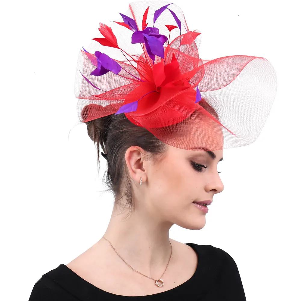 Elegant Women Lady Tulle Fashion Fascinator Hair Clips With Purple Feather Headwear Hair Accessories Nice Mesh Wedding Headdress