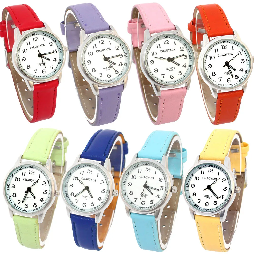 10 Colors Choose Easy to Read Kids Watch Leather Strap Quartz Movement Silver Case 28MM