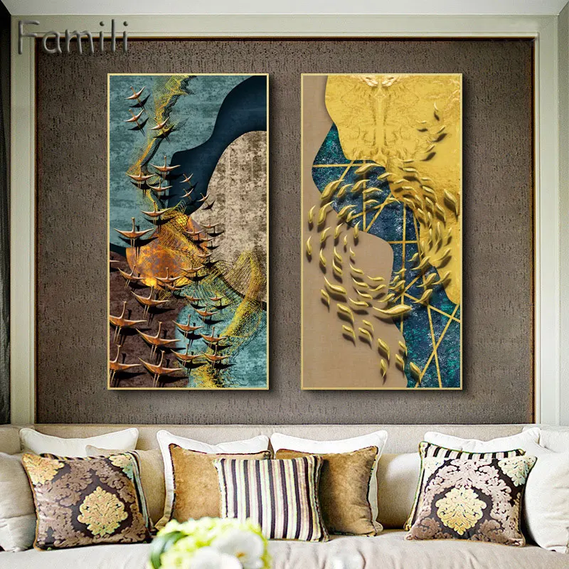 

Nordic Abstract color spalsh blue golden canvas painting poster and print unique decor wall art pictures for living room bedroom