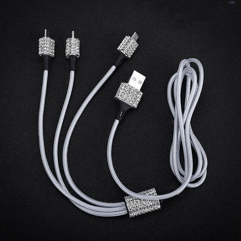 3 in 1 USB Cable For iPhone Diamond Crystal Car Fast Charging Cable For Android Micro Type C Type-c Mobile Phone Charger Wire