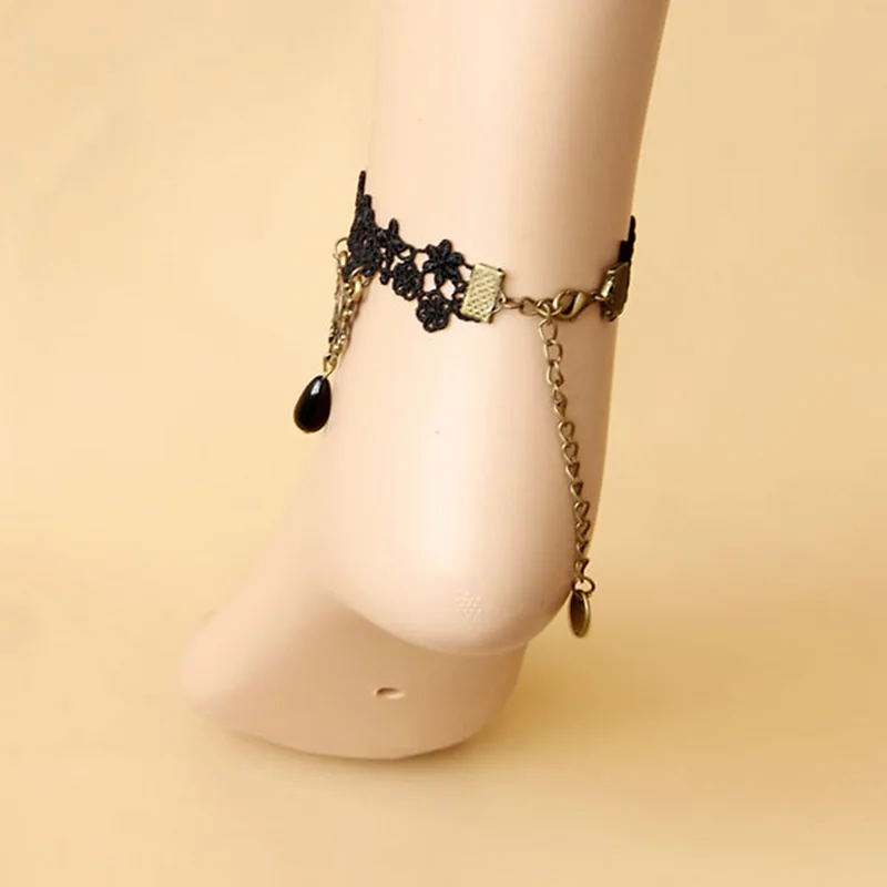 خلخال إمرأة مثير القوطية سبائك البرونز الخرزة قطرة زهرة الأسود الدانتيل الكاحل سوار بيرفوت الصنادل خمر الرجعية مجوهرات للقدم