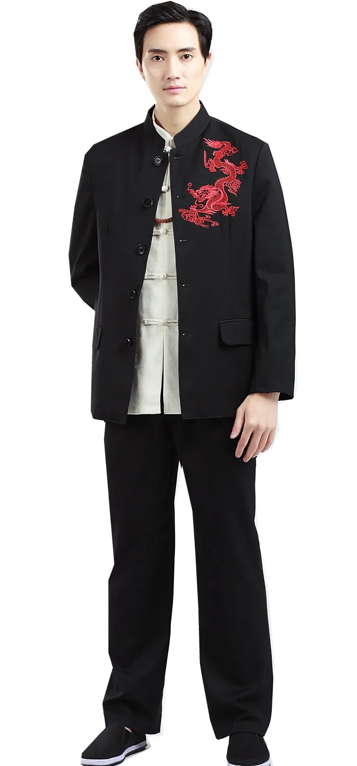 

Shanghai Story Black Vintage Chinese Men's Dragon Embroidery Jacket Pants Sets Long Sleeve Tang Suit with Dragon for man