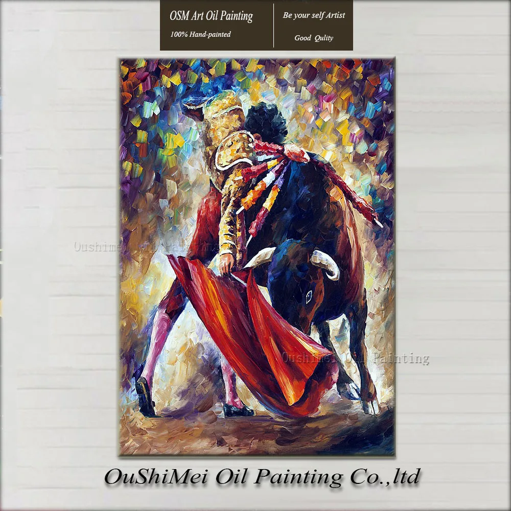 

Original Art 100% Hand-painted Oil Oainting on Canvas Matador and Strong Bull Cow Fighting Colorful Knife Art Canvas Paintings