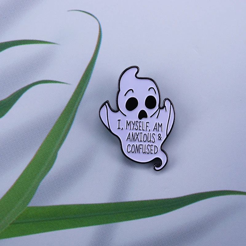 I myself am anxious & confused ghost pin cute worry skull brooch horror Goth Halloween jewelry