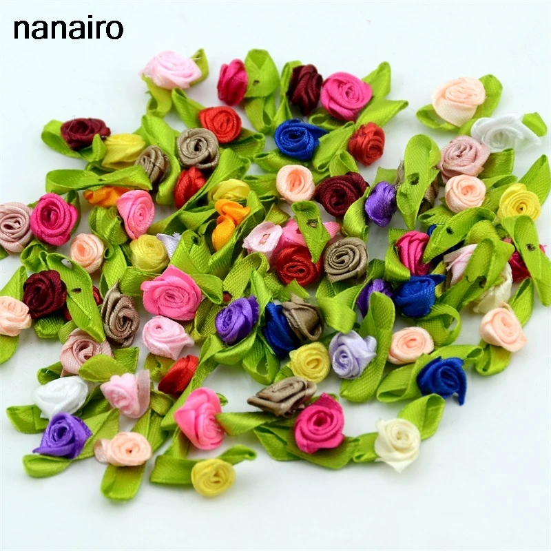 100pcs Artificial Mini Silk Flower Artificial Handmade DIY Ribbon  Rose Pretty Christmas Craft DIY Wedding Decoration Craft