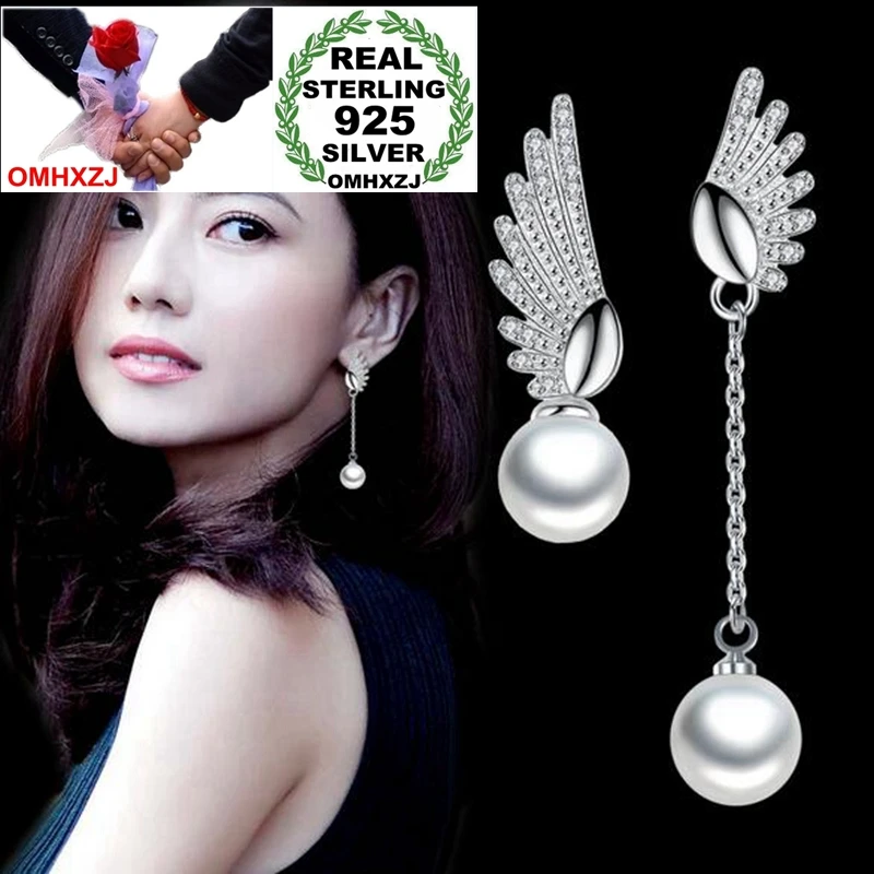 OMHXZJ Wholesale Fashion Personality for Woman Gift Asymmetric Angel Wings Pearl 925 Sterling Silver Tassel Stud Earrings YS240