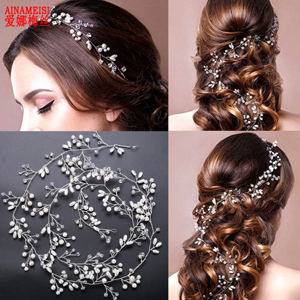 AINAMEISI Fashion Crystal Wedding Hair Accessories Handmade Floral Women Headband Pearl Headpiece Bridal Crown Hair Jewelry