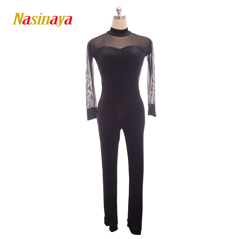 Nasinaya figure skating long sleeve tights black mesh jumpsuit for girls one piece custom woman skating costume gymnastics