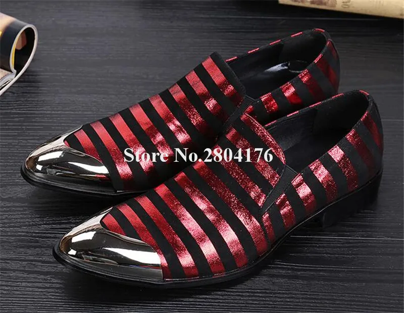 

Korean Style Men Metal Pointed Toe Red Gold Striped Leather Shoes Slip-on Flat Leisure Shoes Club Shoes Bridegroom Shoes