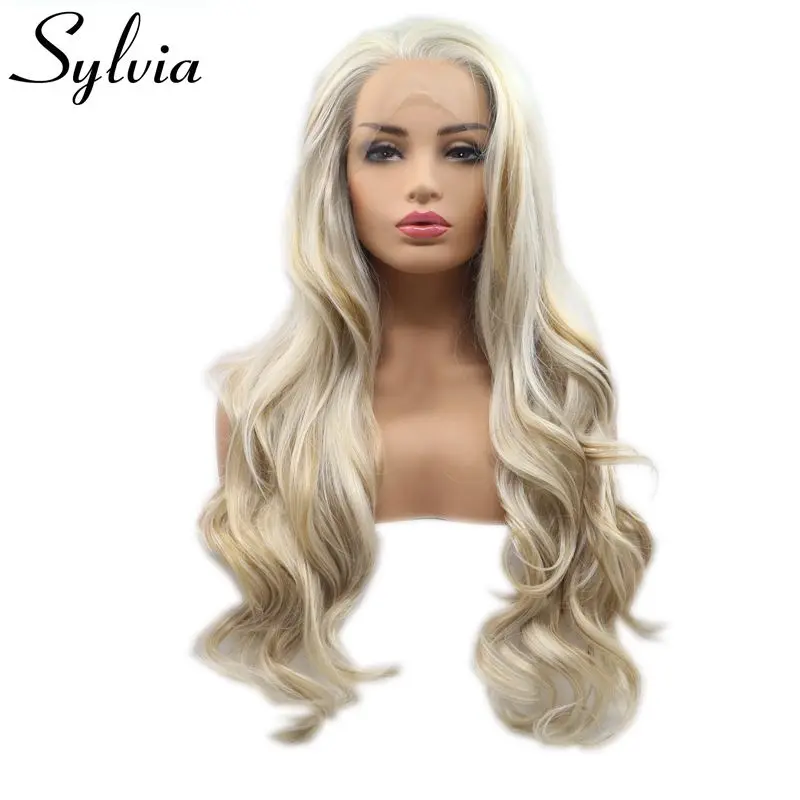 Sylvia Lange Natuurlijke Haar Gemengde Blonde Kleur Gratis Deel Losse Golf Synthetische Lace Front Pruik Hittebestendige Haar Pruiken Voor vrouwen