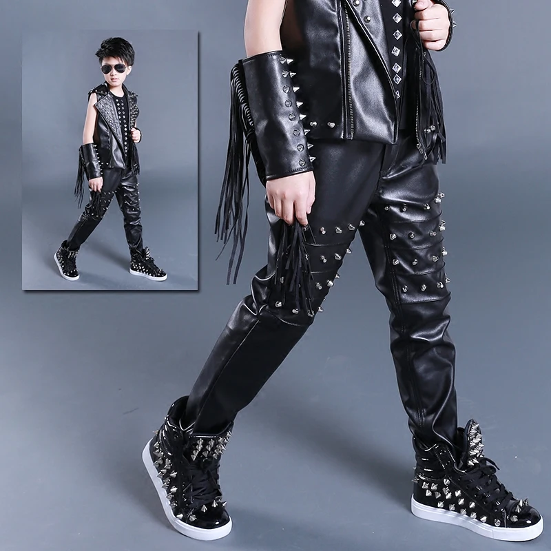 Jazz Dance Costumes Studded Leather Pants Street Dancing Modern Boys Clothes Kid Hip Hop Clothing Stage Show Dancewear DNV11055