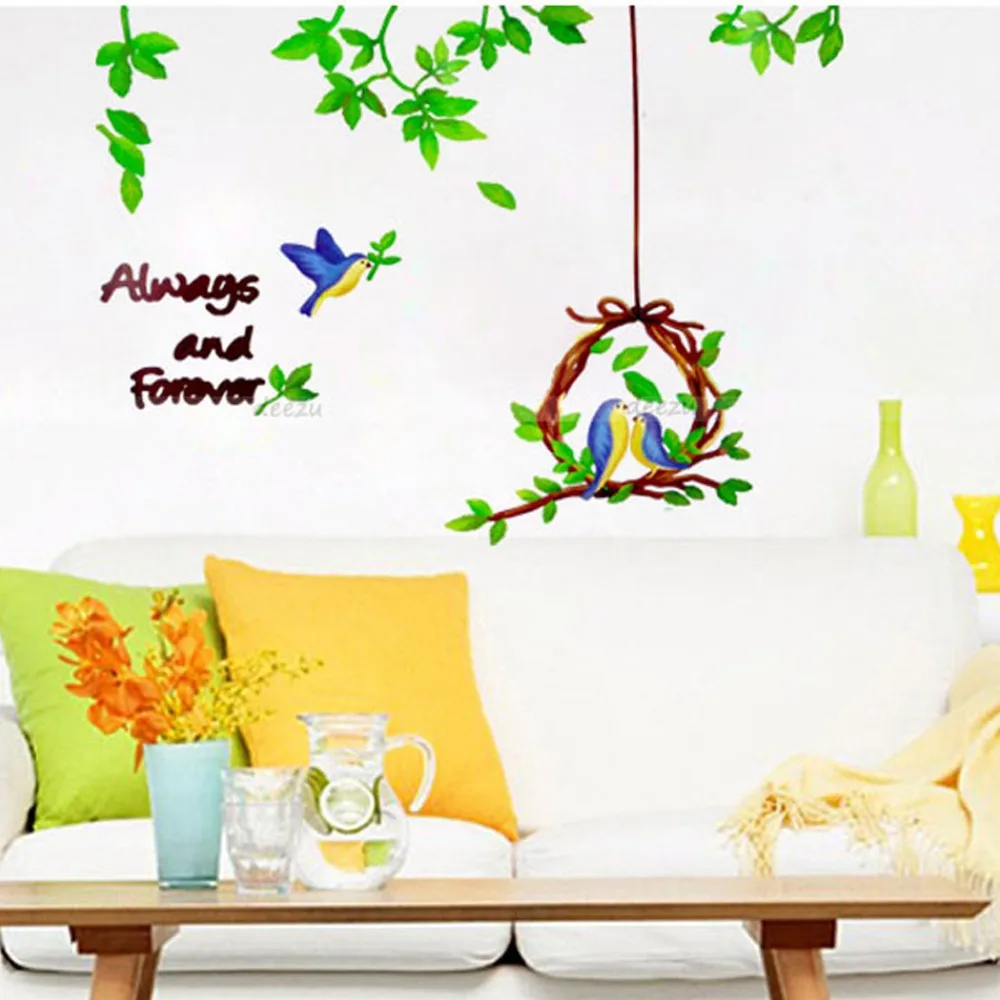 

Green Leaf branch Lovely Birds Nest Wall Stickers decals for home decor livingroom bedroom boys girls room decor stickers murals