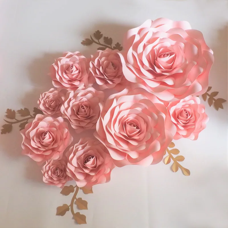 2018 Baby Pink/Ivory Giant Paper Rose Flowers 10PCS + Leaves 5PCS For Wedding & Event Baby Nursery Fashion Show Aritificial Rose