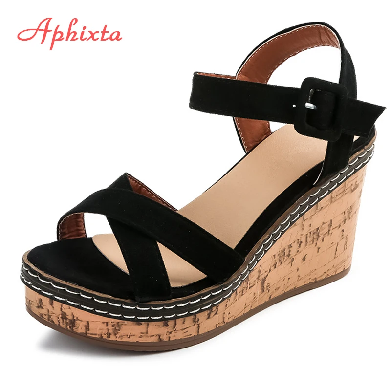 Aphixta-sandalias de cuña con punta abierta para mujer, zapatos con hebilla, plataforma a la moda, tacón superalto de 10cm, para verano