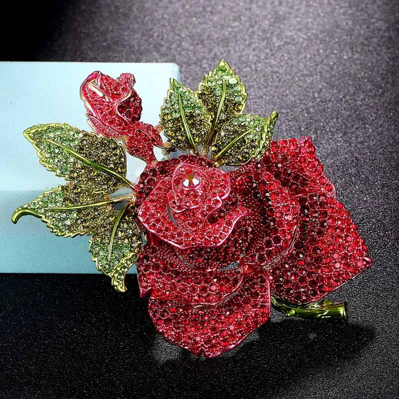 Zlxgirl Big Size Rose Flower Brooch pins For Women Christmas Gifts Pink Bud Leaf Crystal Brooch Perfect enamel Hijab Accessories