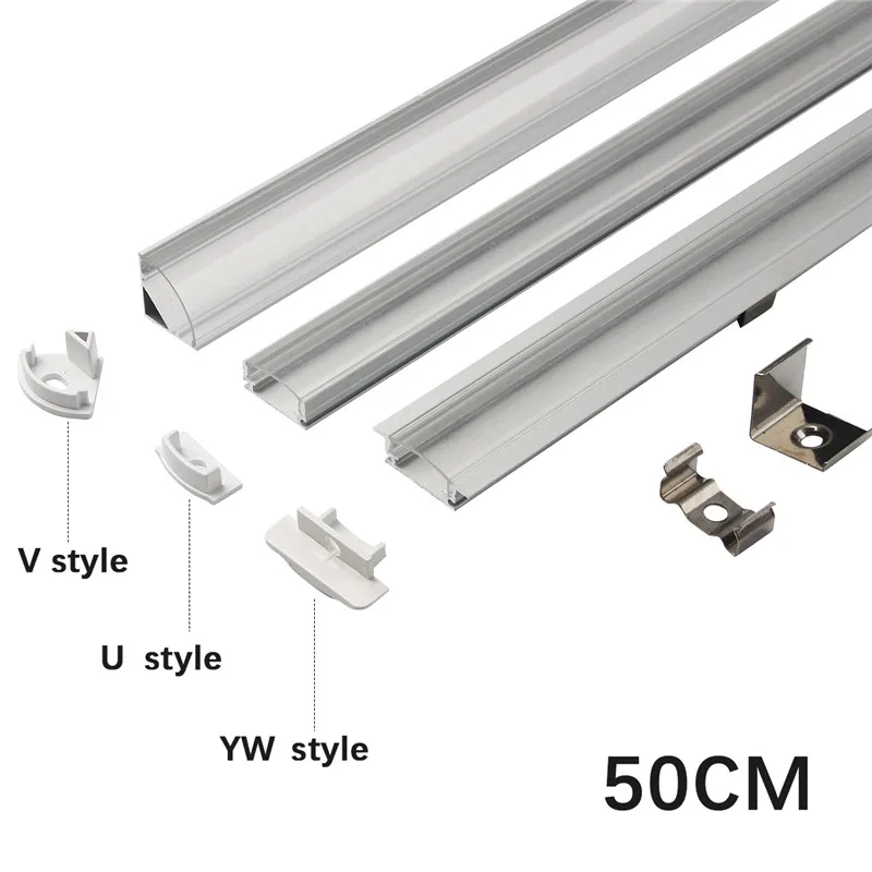 1set 50cm*1.8mm U/V/YW Style Shaped LED Bar Lights Aluminum Channel Holder Transparent  Cover End Up for LED Strip Light Parts