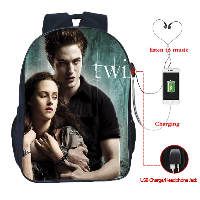 Beautiful Twilight USB Charge Backpack Men Women Boys Girls Rucksack Fashion Backpack Beautiful Edward Cullen knapsack