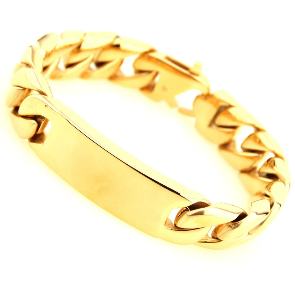 Birthday Gift New 316L Stainless Steel Gold Color Smooth ID Cuban Curb Miami Link Chain Mens Male Bracelet Wristband 8.66\