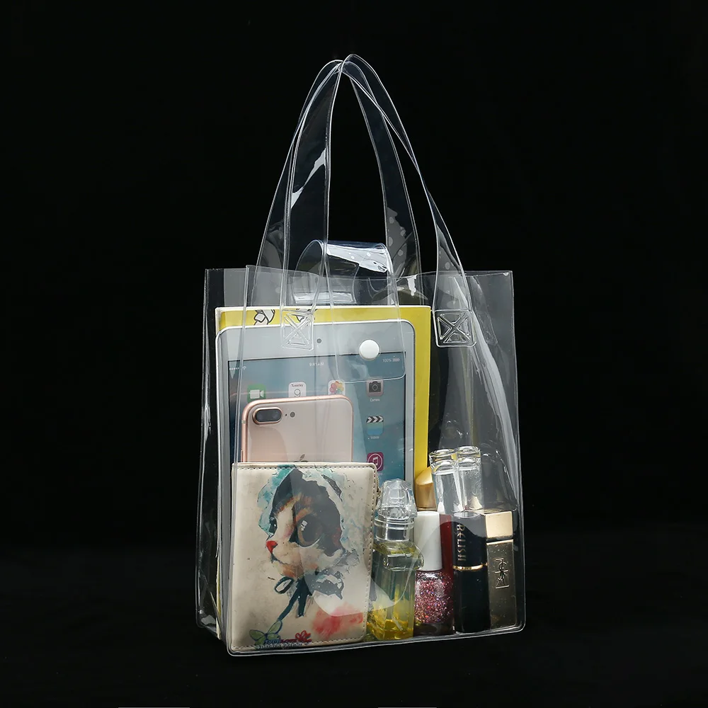 Clear PVC cosmetic tote with plastic buckle makeup promotional bag available for custom