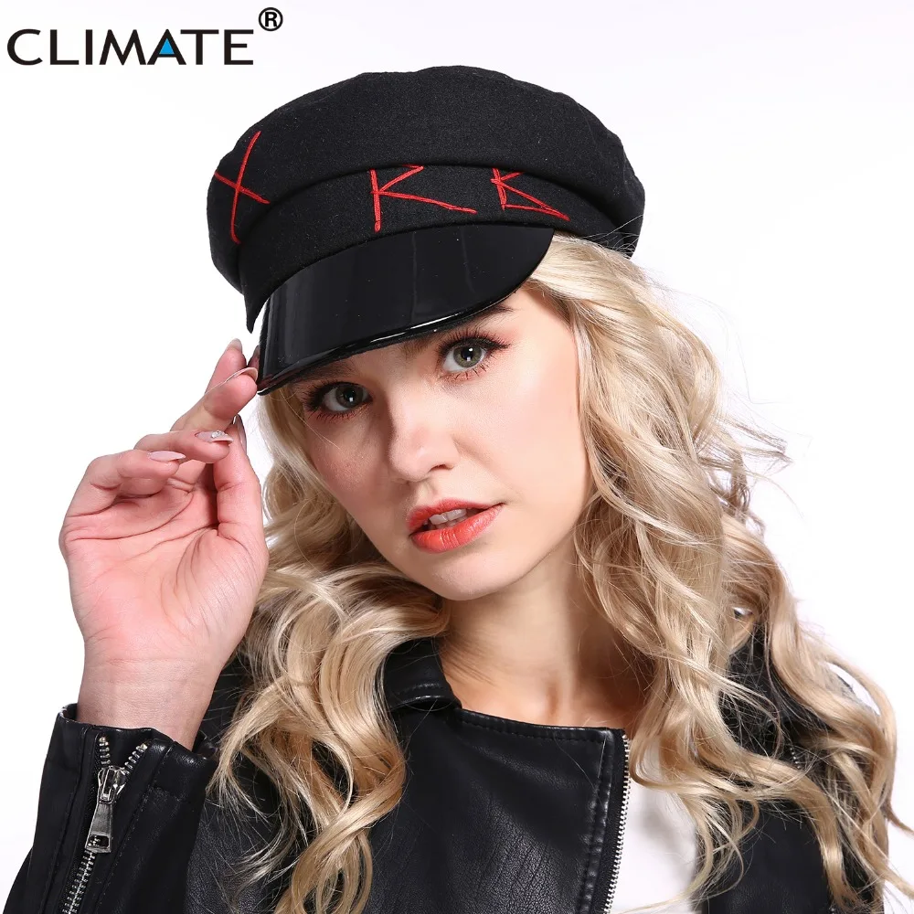 CLIMATE Women Navy Sailor Cap Fashion Military Army Caps Logo Punk PU Hat Cool Fashion Marine Hat Caps for Woman Lady Girls