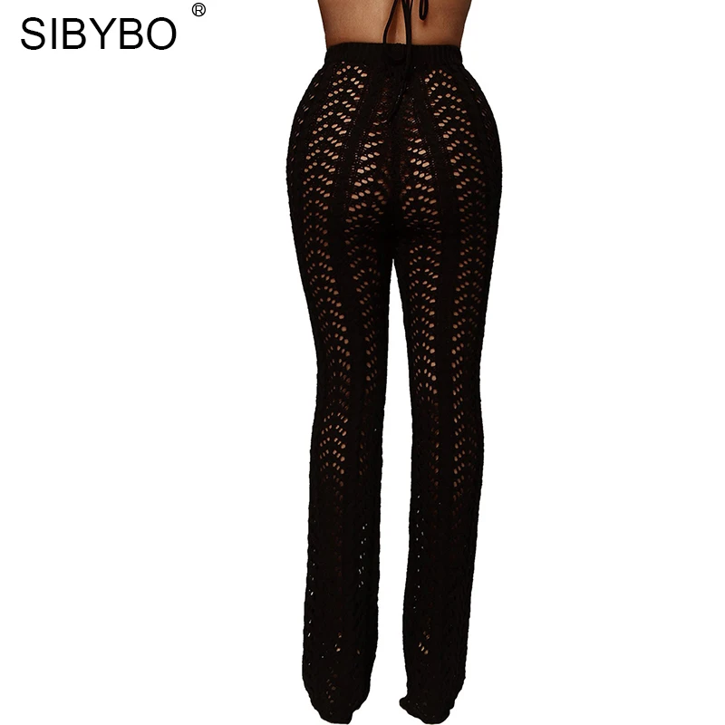 Sibybo Hollow Out Knitted High Waist Sexy Pants Women Fashion Crochet Loose Autumn Trousers Women Cotton Casual Ladies Pants