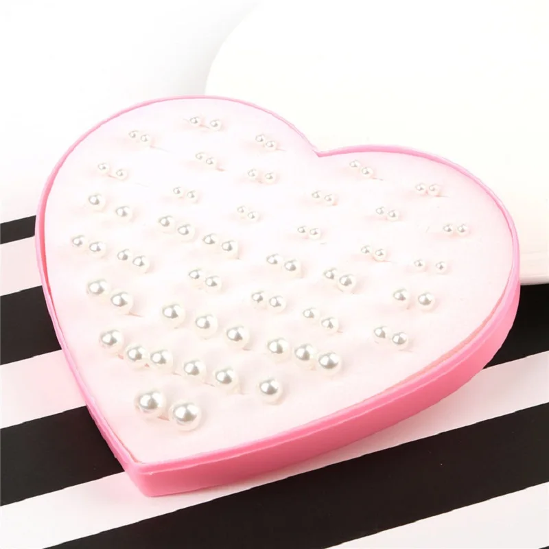 New Design 36pairs white color imitate pearl earring stud sets girl earring set for kids child with heart box