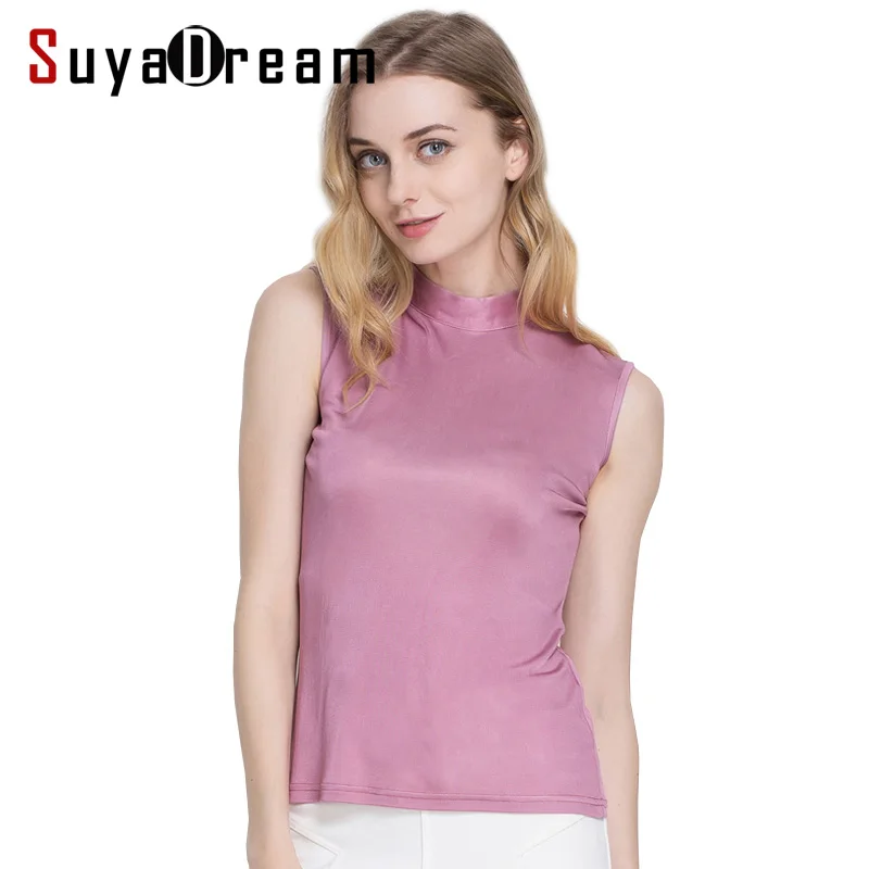 

SuyaDream Women Tank Top Real Silk Mock Collar Solid Sleeveless Chic Vests Blue Wine Bottoming Shirt