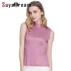 SuyaDream Women Tank Top Real Silk Mock Collar Solid Sleeveless Chic Vests Blue Wine Bottoming Shirt