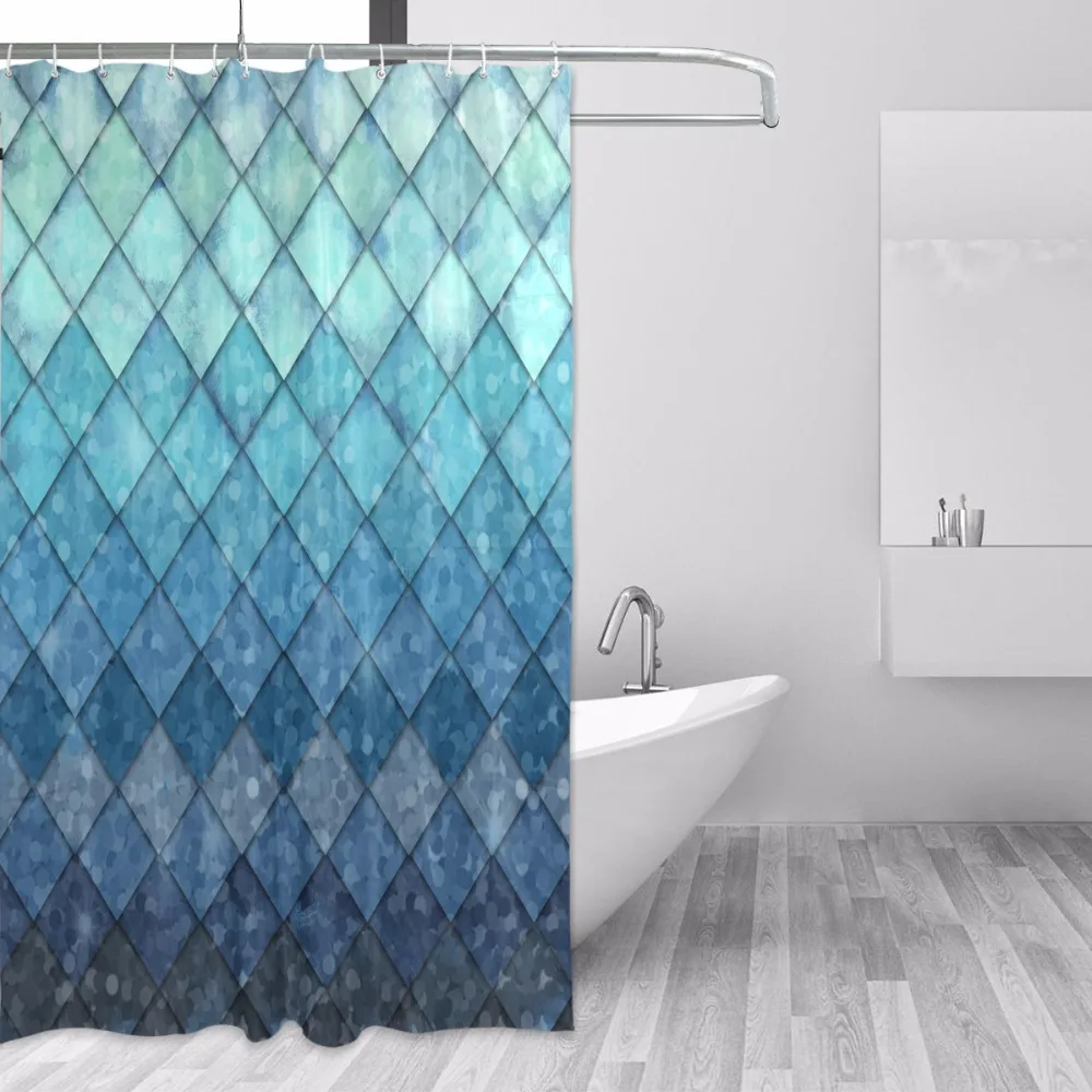 High Quality Waterproof Bathroom Mermaid Scales Geometric Rhombus Shower Curtain Polyester Fabric Bath Curtain With 12 Hooks